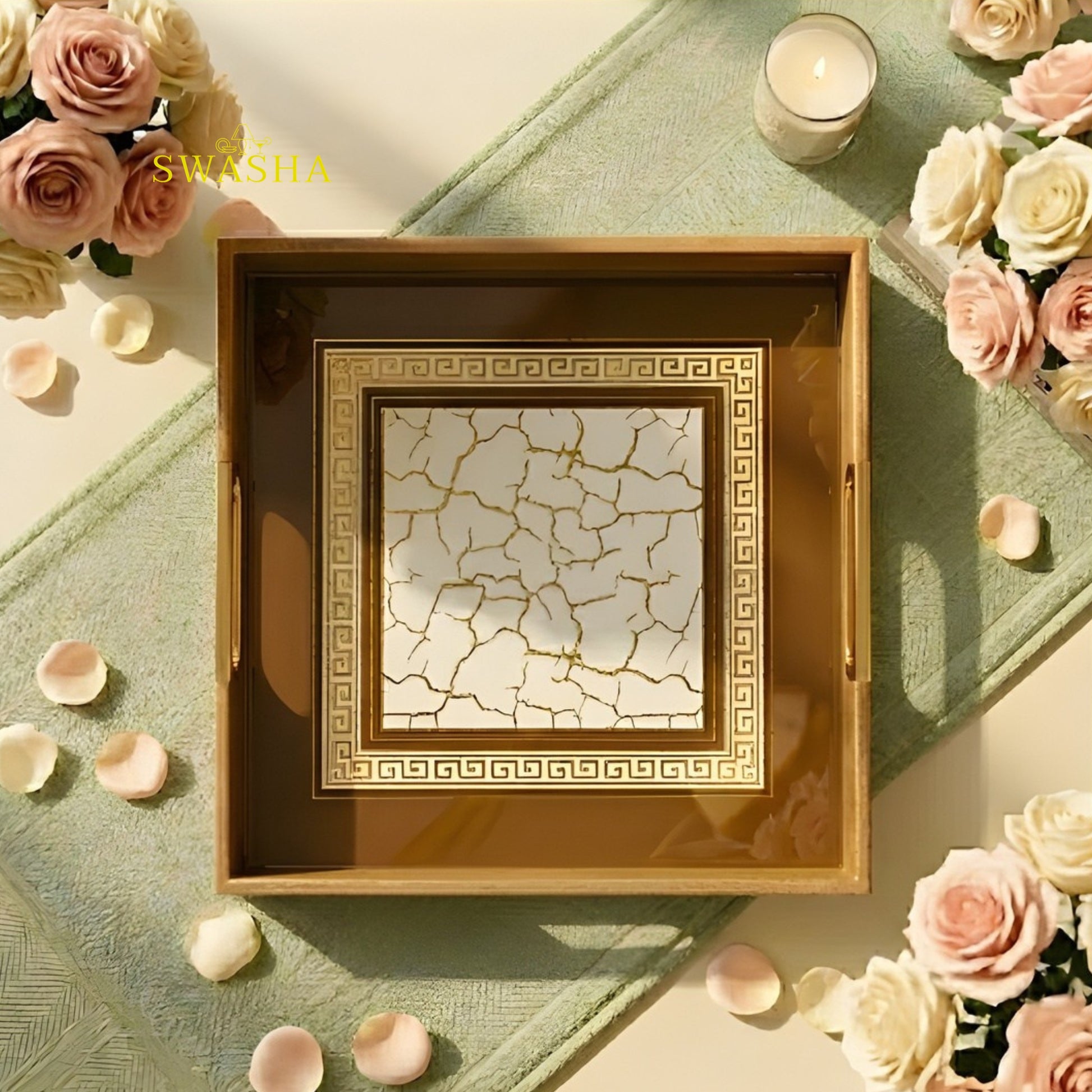 Swasha square resin finish MDF tray on coffee table with candles