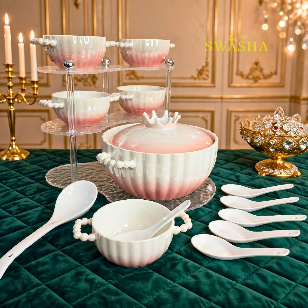 Pink Ombre Soup Set 14 Pcs | Crown Pot | Swasha
