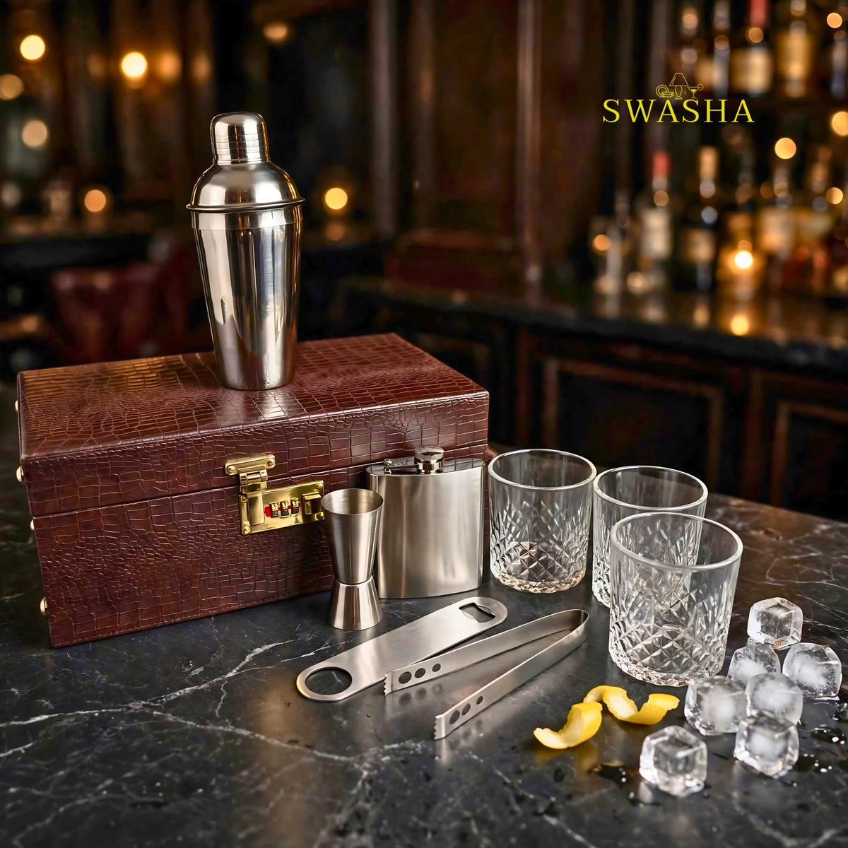 washa brown croco bar box open with 3 whiskey glasses cocktail shaker hip flask bottle opener jigger and tong