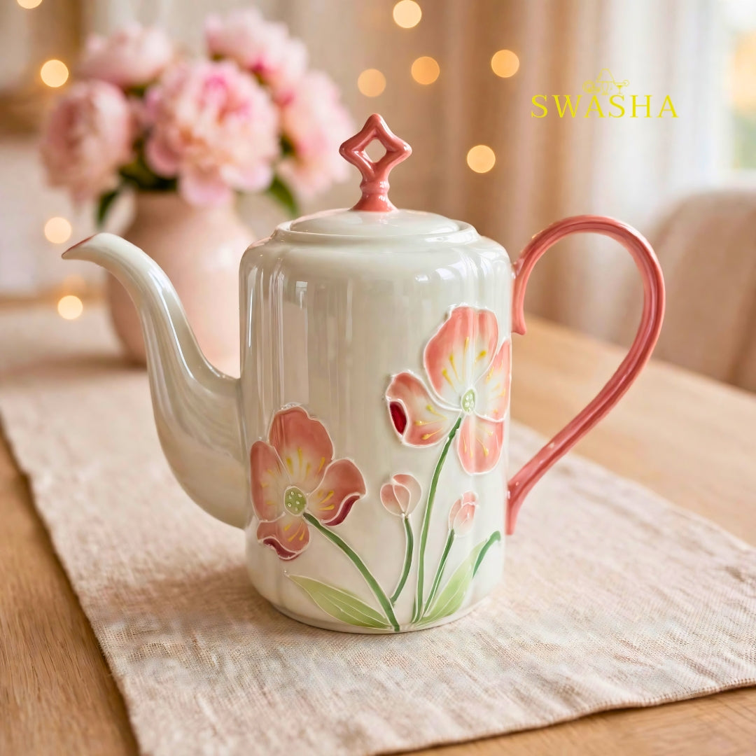 Swasha pink poppy blush 8 pcs revolving tea set 3d pink floral embossed coral handle kettle 6 cups revolving tray