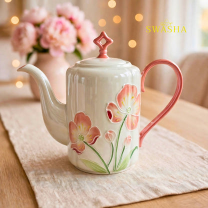 Swasha pink poppy blush 8 pcs revolving tea set 3d pink floral embossed coral handle kettle 6 cups revolving tray