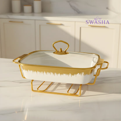 Swasha Porcelain Food Warmer, Chafing Dish – White (Rectangular)