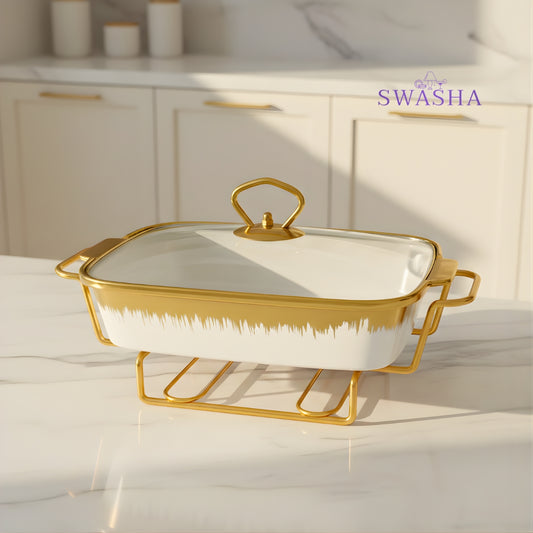 Swasha Porcelain Food Warmer, Chafing Dish – White (Rectangular)
