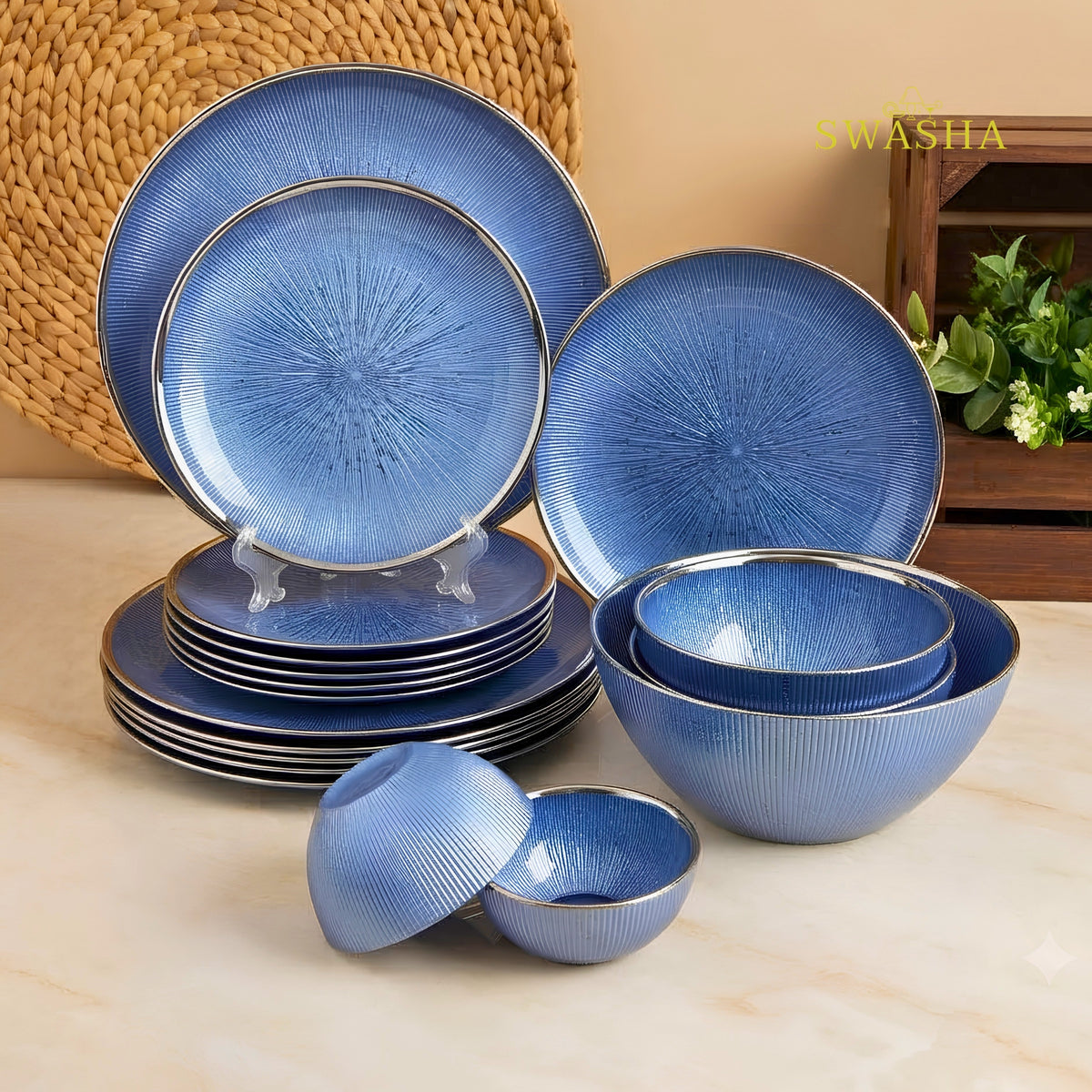 Swasha 28 pcs Turkish blue opal glass dinner set for 6 with silver rim radial pattern