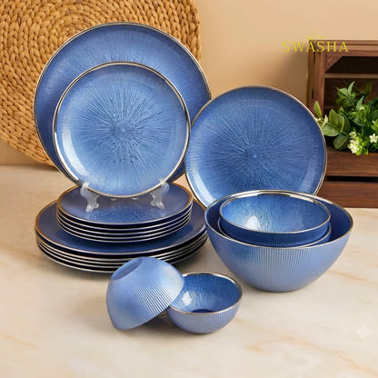 Swasha 28 pcs Turkish blue opal glass dinner set for 6 with silver rim radial pattern
