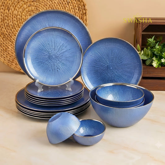 Swasha 28 pcs Turkish blue opal glass dinner set for 6 with silver rim radial pattern