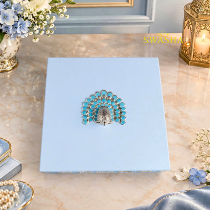 SWASHA Sky Blue Peacock Dry Fruit Box - 4 Compartment Wooden Gift Box with Silver Peacock | For Diwali, Wedding Return Gift, Sweets & Jewelry Storage