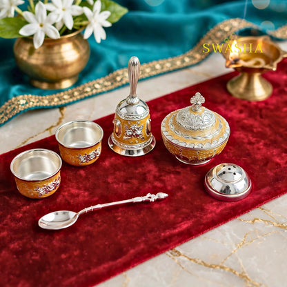 SWASHA Peach German Silver Pooja Thali Set - 7 Piece | For Diwali, Karwa Chauth, Wedding & Housewarming Gift