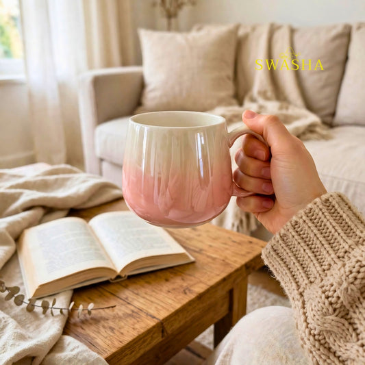 Swasha blush pink ombre ceramic mug set of 6 in black gift box 