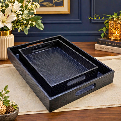SWASHA midnight black faux leather serving tray set of 2 with croc texture on wooden table