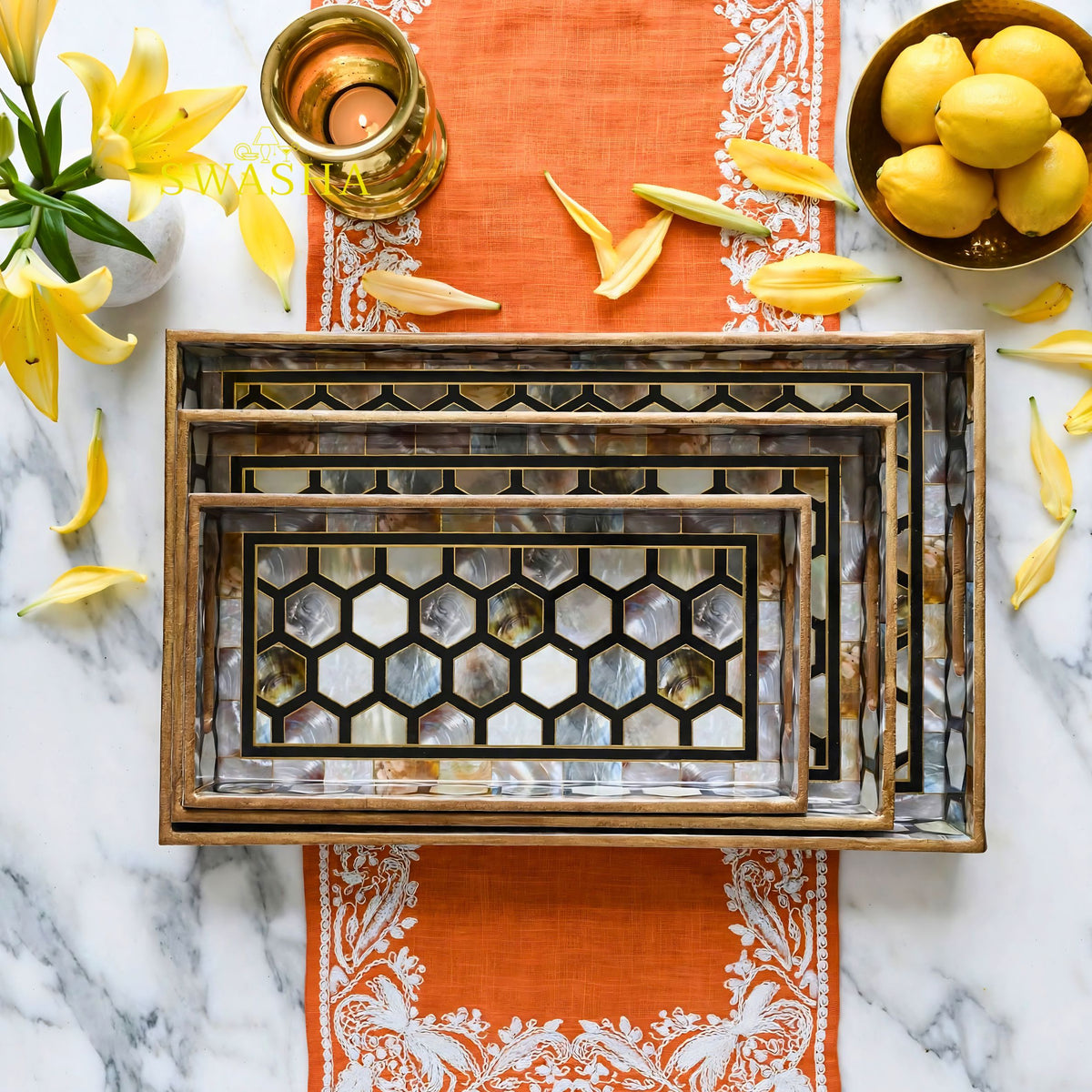 Swasha set of 3 honeycomb mother of pearl MDF serving trays black white hexagon pattern with gold handles
