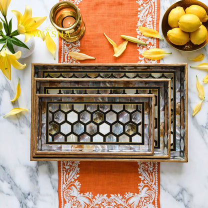 Swasha set of 3 honeycomb mother of pearl MDF serving trays black white hexagon pattern with gold handles