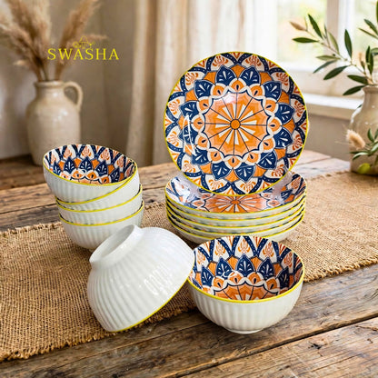 Swasha bohemia orange 12 pcs snack set 6 bowls 6 plates orange blue sunburst mandala with gift bag