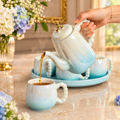 Swasha aqua blue ombre 8 pcs revolving tea set premium porcelain kettle with 6 pearl handle cups and revolving tray with gift bag