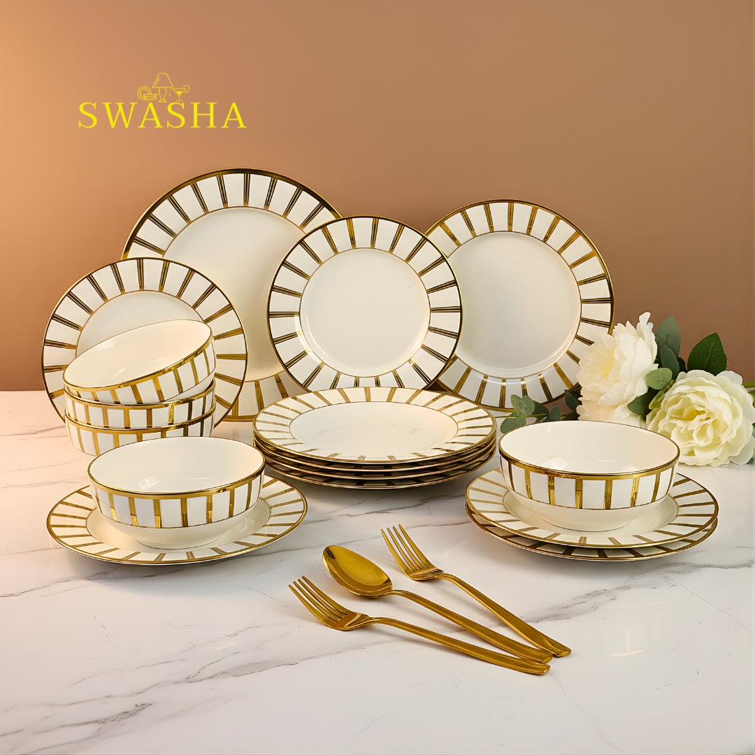 Premium porcelain dinner set 24 piece white gold Swasha