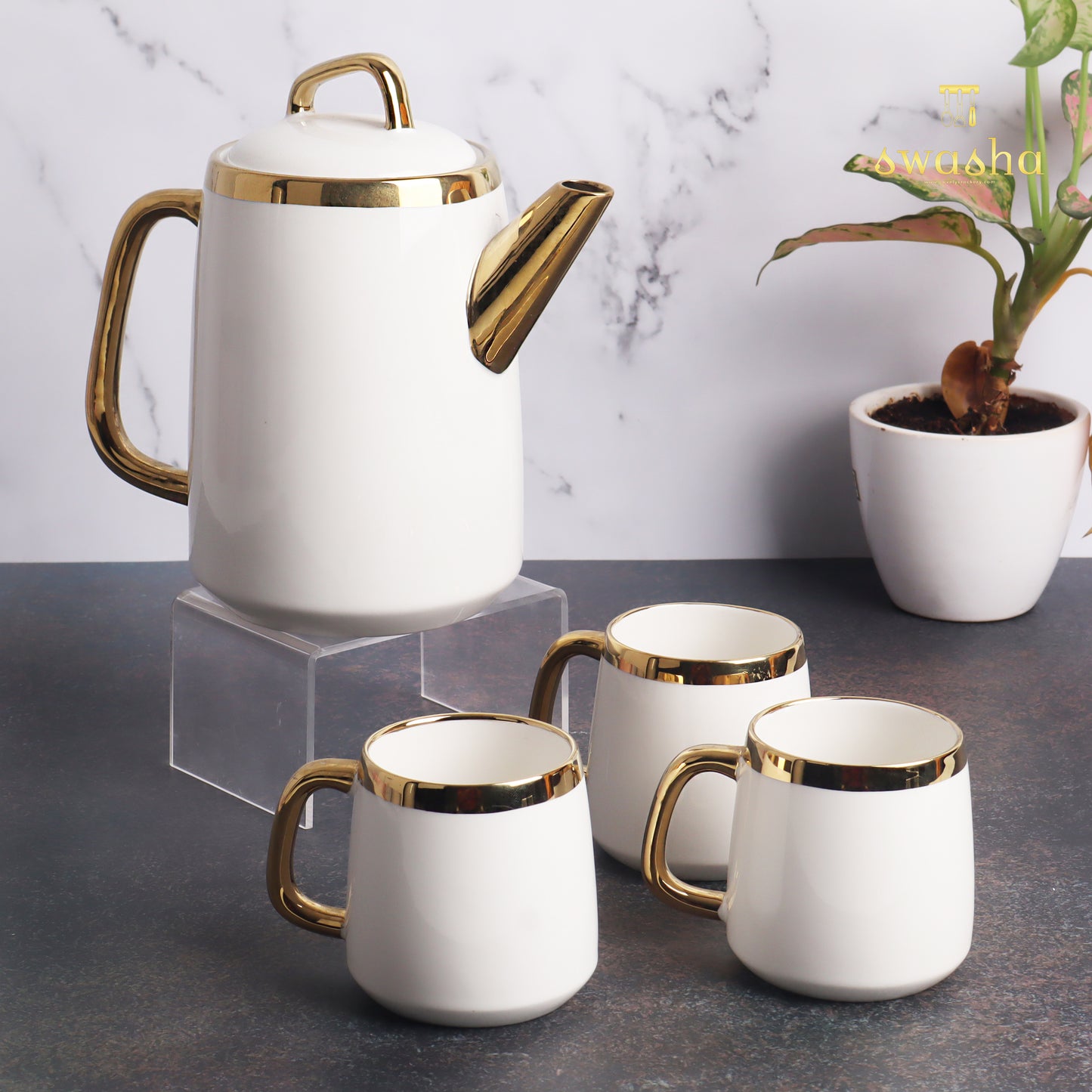 Set of 6 ceramic cups with matching kettle - perfect for delightful tea sessions
