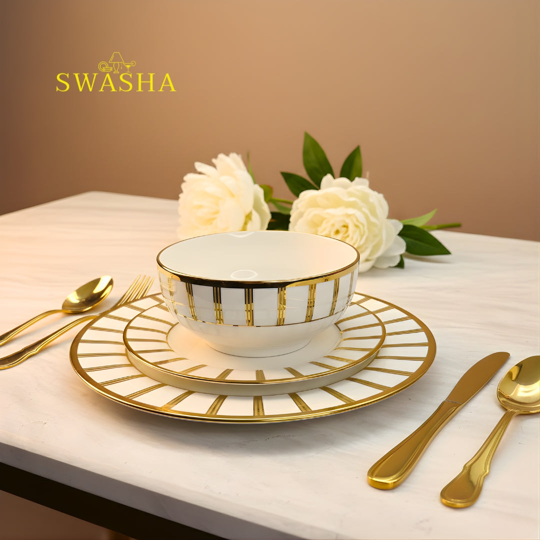 Premium porcelain dinner set 24 piece white gold Swasha