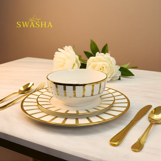 Premium porcelain dinner set 24 piece white gold Swasha