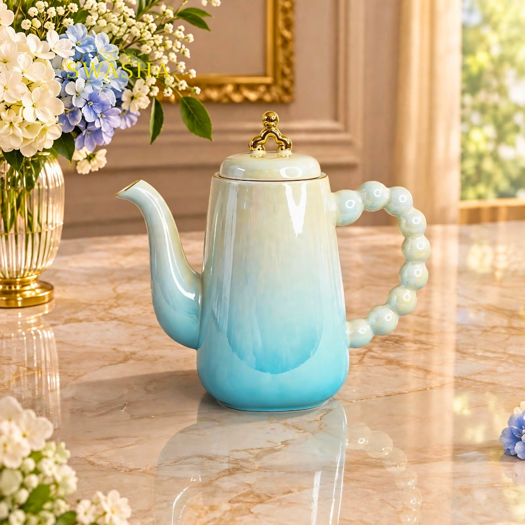 Swasha aqua blue ombre 8 pcs revolving tea set premium porcelain kettle with 6 pearl handle cups and revolving tray with gift bag