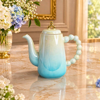 Swasha aqua blue ombre 8 pcs revolving tea set premium porcelain kettle with 6 pearl handle cups and revolving tray with gift bag