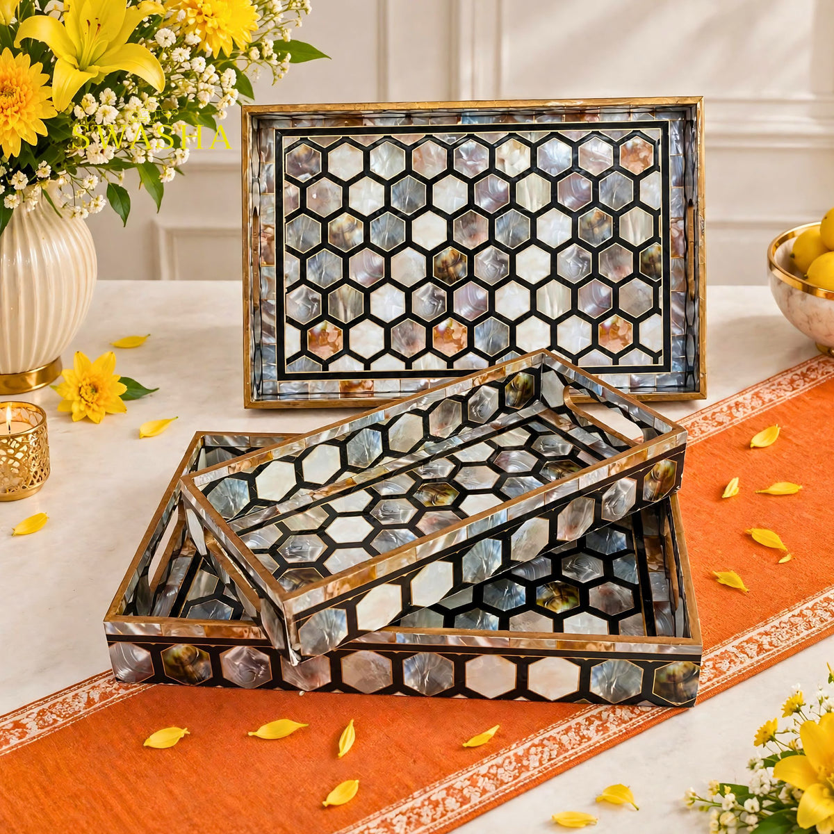 Swasha set of 3 honeycomb mother of pearl MDF serving trays black white hexagon pattern with gold handles