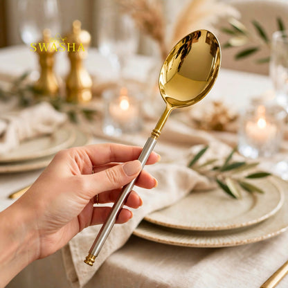 SWASHA Gold Silver Serving Spoon Set of 6 - PVD Polished Brass Luxury Serving Cutlery | Gold Plated Serving Spoons for Dinner Party & Gifting