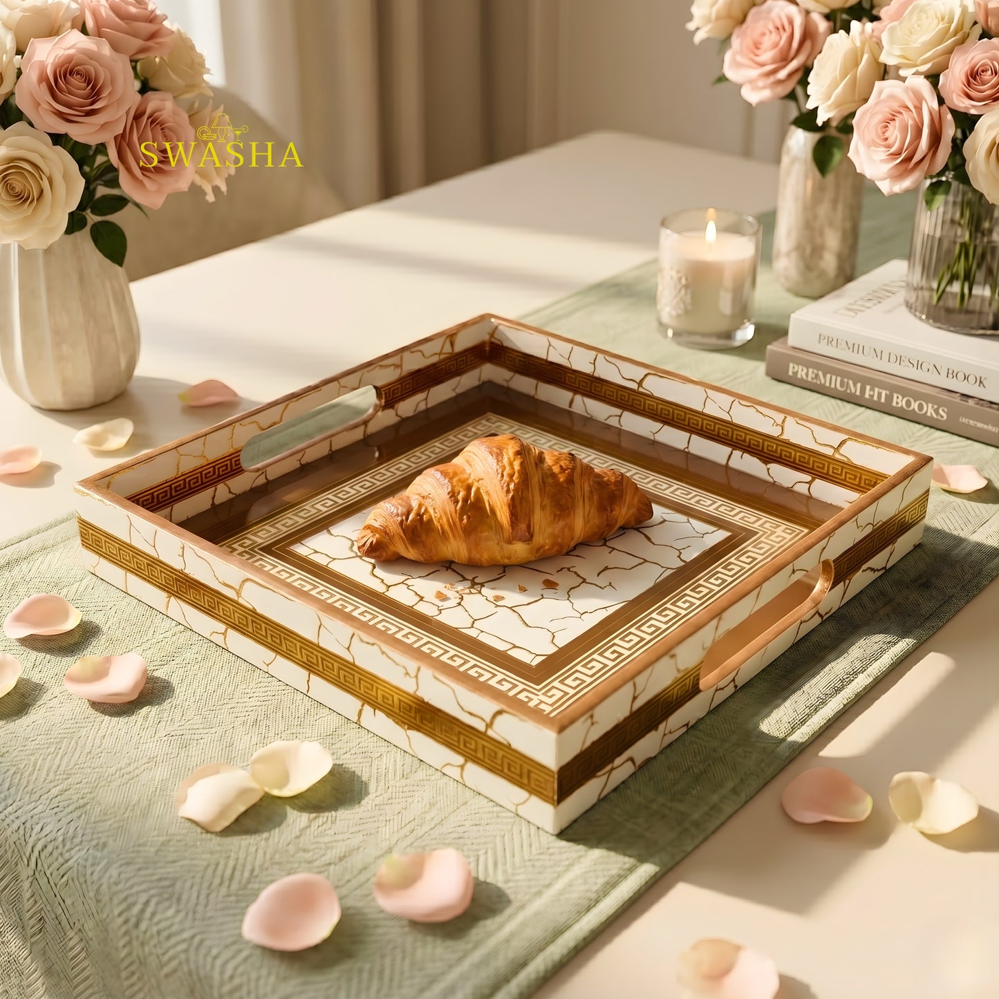 Swasha square resin finish MDF tray on coffee table with candles