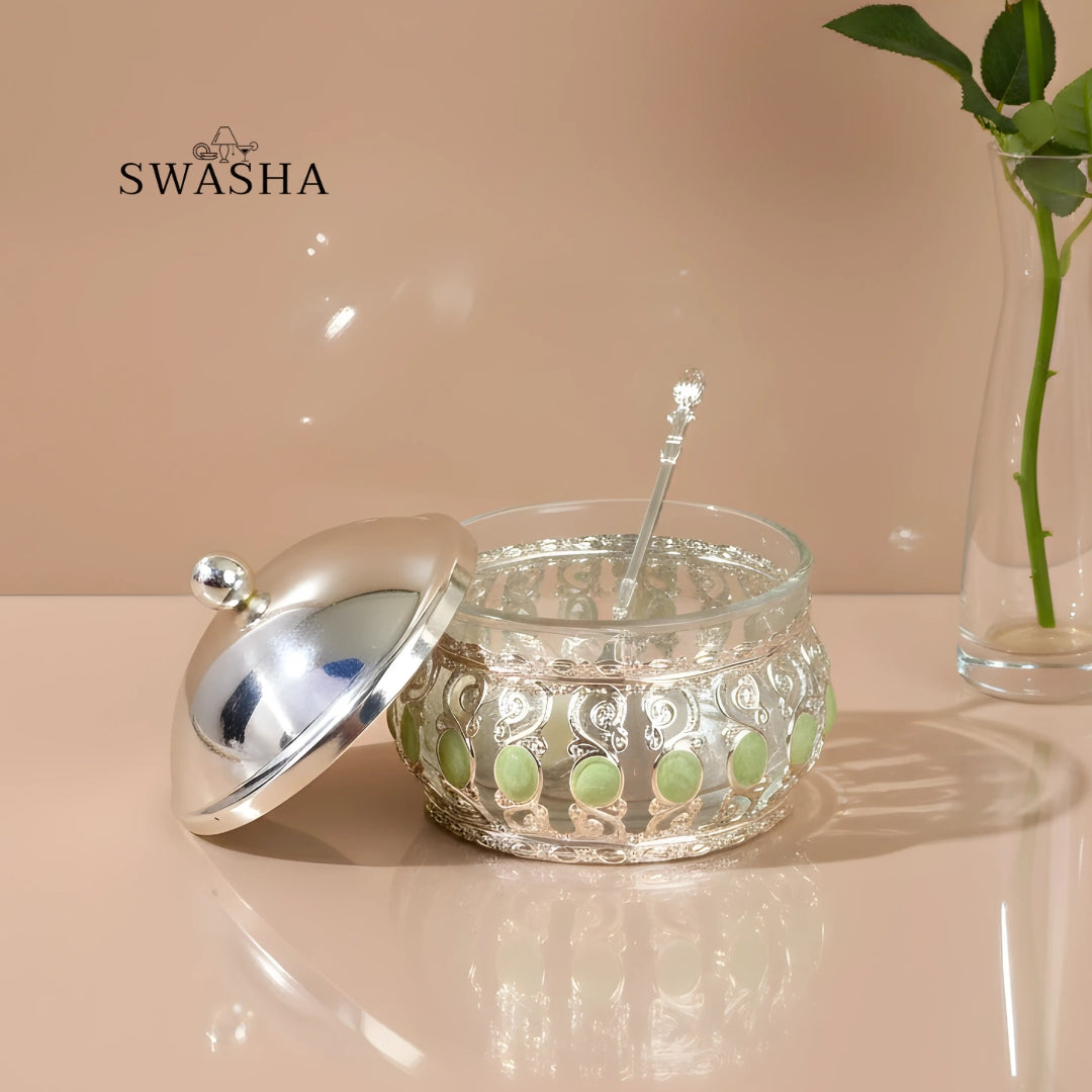 Swasha Premium Dry Fruits Server Set with Tray & Lids – German Silver Gift Item (Green)