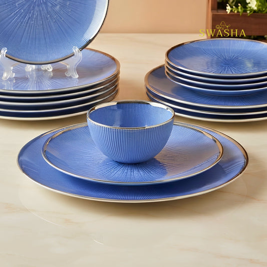 Swasha 28 Pcs Turkish Glass Dinner Set For 6 | Blue Glass Dinner Set With Silver Rim