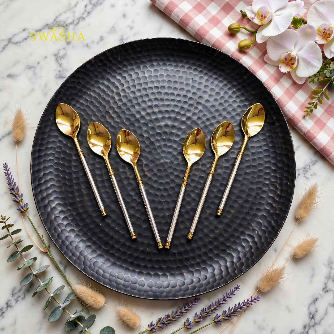 Swasha Two-Tone Gold Cutlery Set 24 Pcs | 6 Spoon Fork Knife Set | Gold Luxury Dinner Cutlery Set for Home & Gift