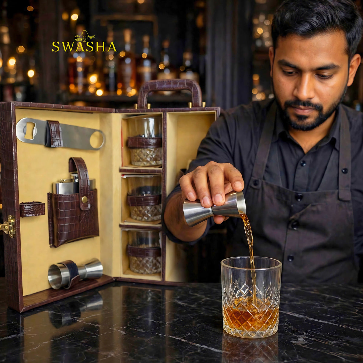 washa brown croco bar box open with 3 whiskey glasses cocktail shaker hip flask bottle opener jigger and tong
