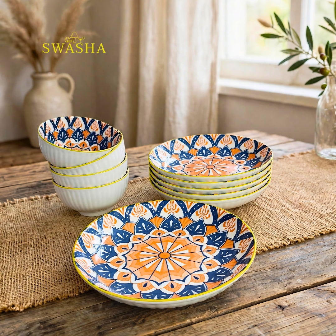 Swasha bohemia orange 12 pcs snack set 6 bowls 6 plates orange blue sunburst mandala with gift bag