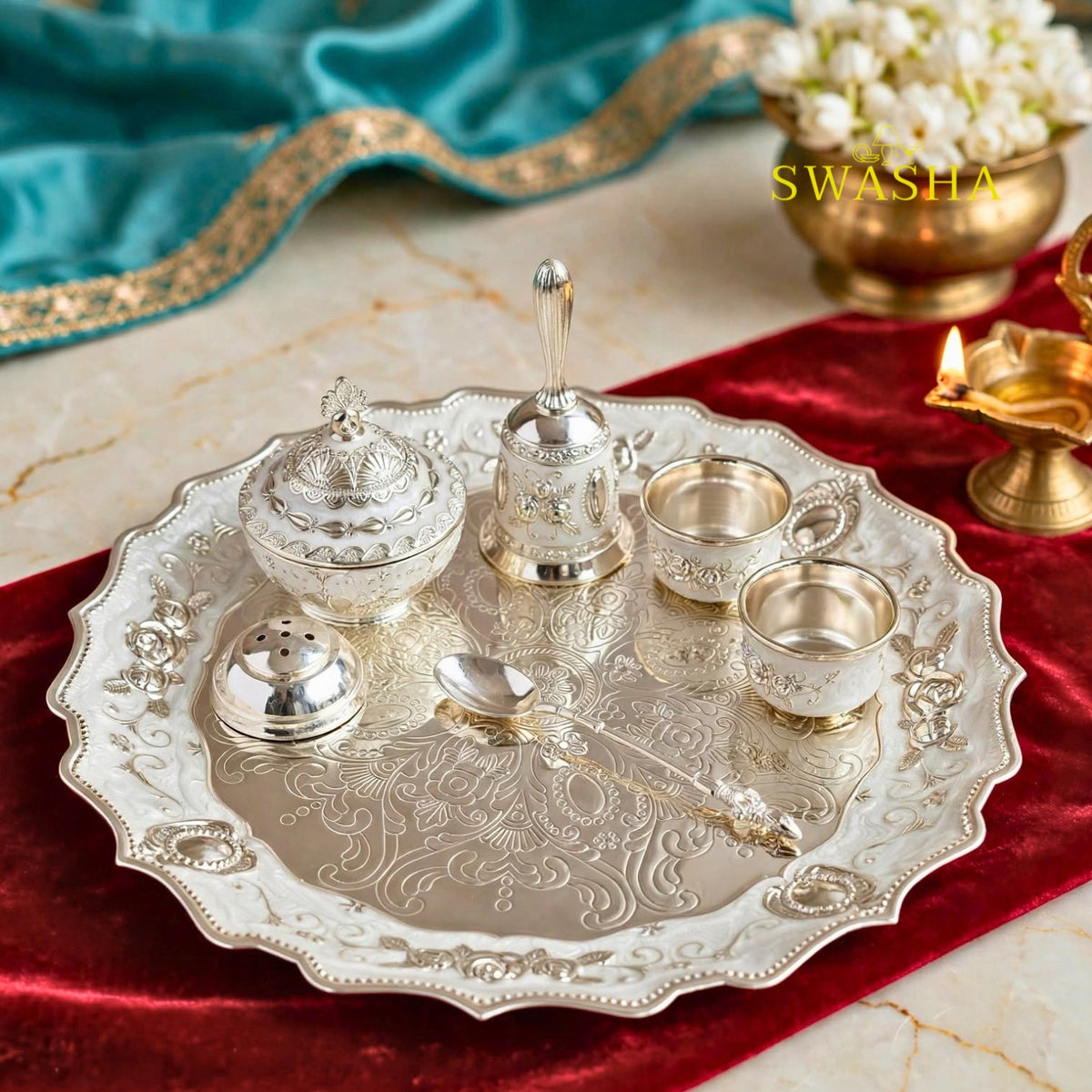 SWASHA German Silver Plated Pooja Thali Set - 7 Piece Premium Puja Set | For Diwali, Navratri, Karwa Chauth, Housewarming & Wedding Return Gift