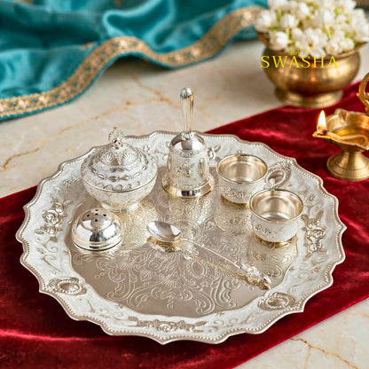 SWASHA German Silver Plated Pooja Thali Set - 7 Piece Premium Puja Set | For Diwali, Navratri, Karwa Chauth, Housewarming & Wedding Return Gift