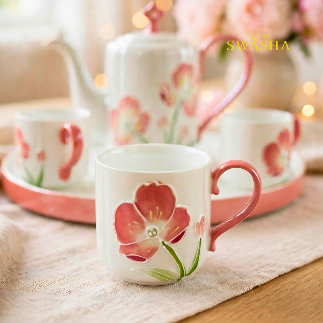 Swasha pink poppy blush 8 pcs revolving tea set 3d pink floral embossed coral handle kettle 6 cups revolving tray
