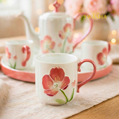 Swasha pink poppy blush 8 pcs revolving tea set 3d pink floral embossed coral handle kettle 6 cups revolving tray