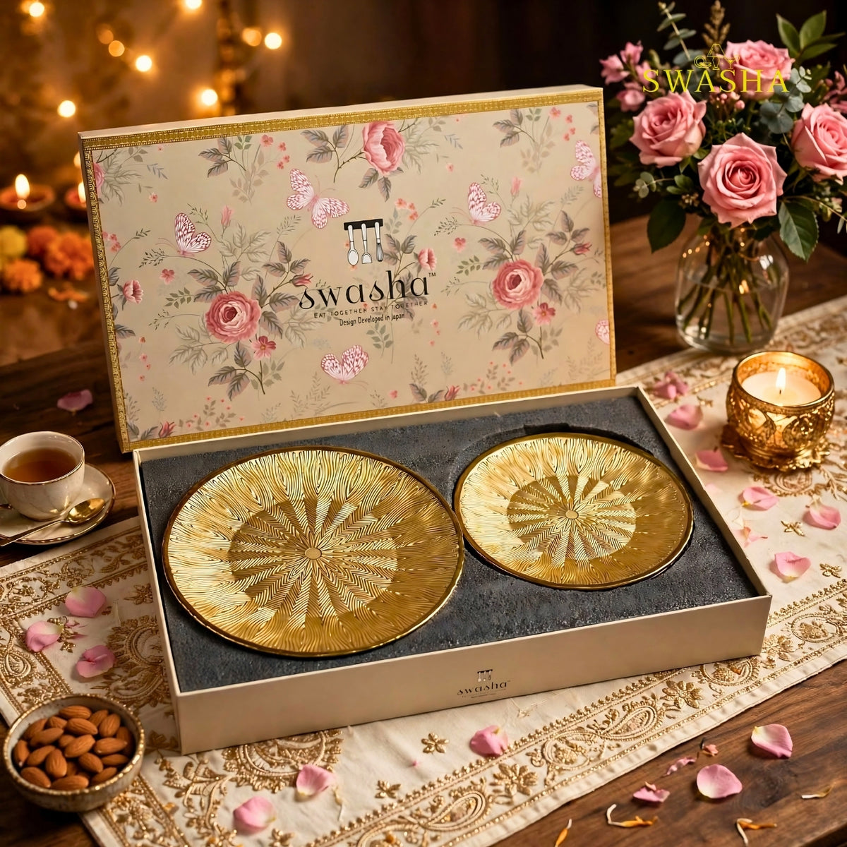 Swasha 7 pcs gold starburst Turkish glass snack set with 1 full plate and 6 side plates in Diwali gift box