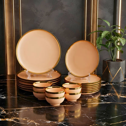 Swasha Porcelain Dinner Set/Snacks Set of 18 Pieces | Tableware (Peach)