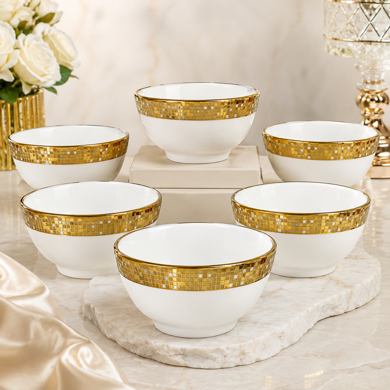 Swasha Premium Porcelain Bowl Set of 6 (White Gold)