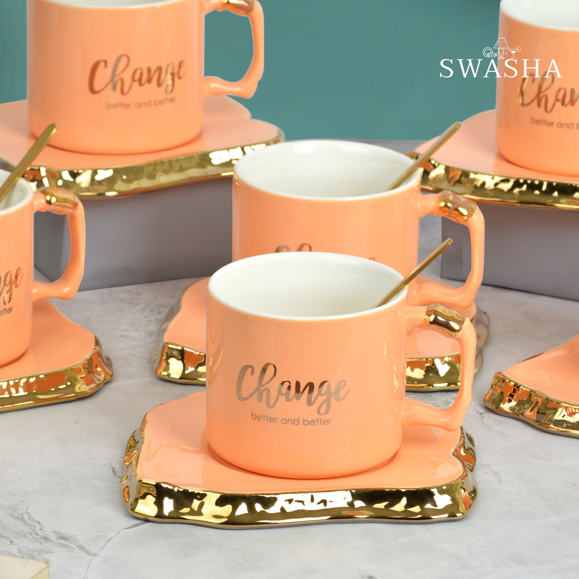 Ceramic Cup and Saucer with Spoon- Set of 6