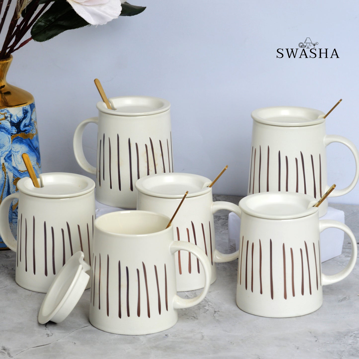 Mug Set of 6 with Lid and Spoons