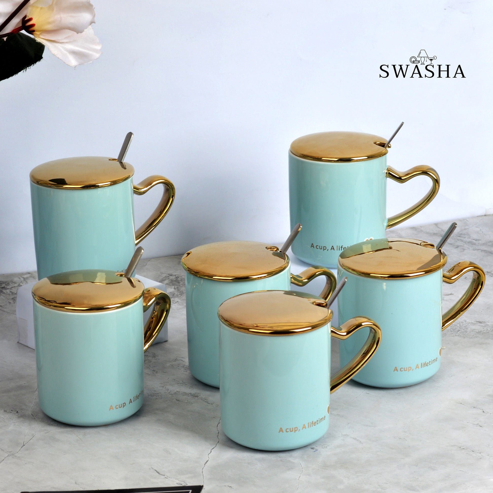 Mug Set of 6 with Lid and Spoons