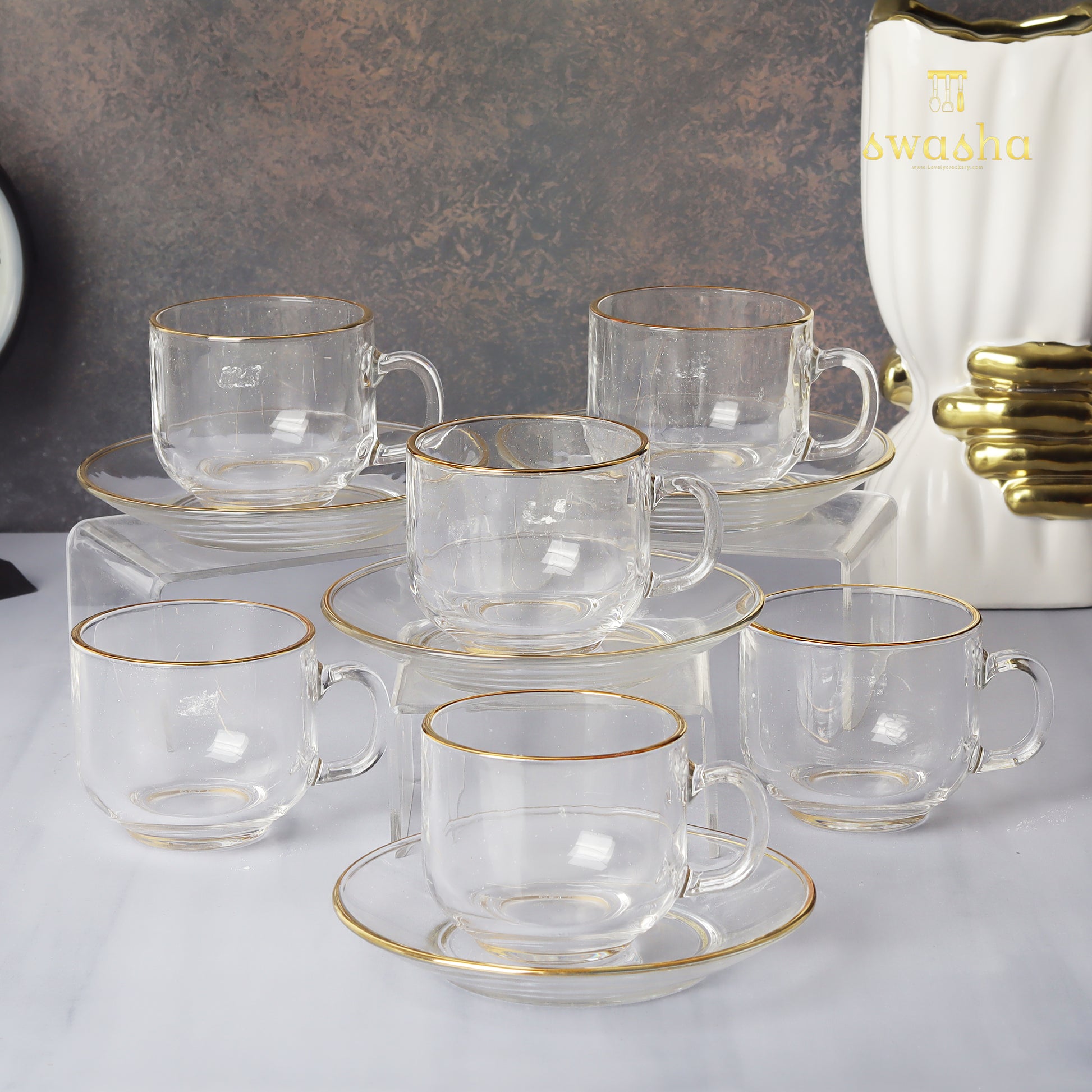 Set of 6 elegant cup and saucer pairs - perfect for refined tea or coffee moments