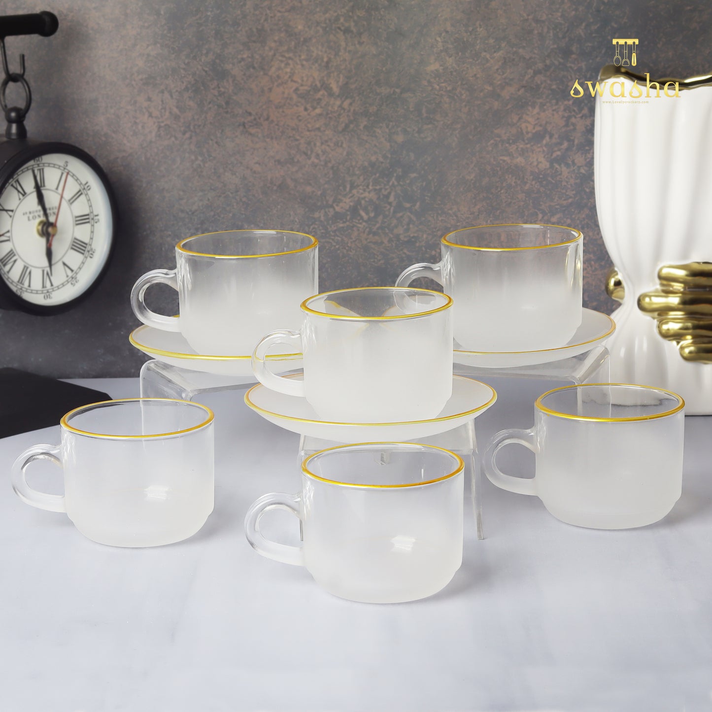 Set of 6 elegant cup and saucer pairs - perfect for refined tea or coffee moments