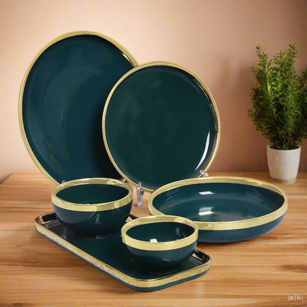 Gold Dinnerware Set Green Kitchen Plates SWASHA Porcelain Dinner