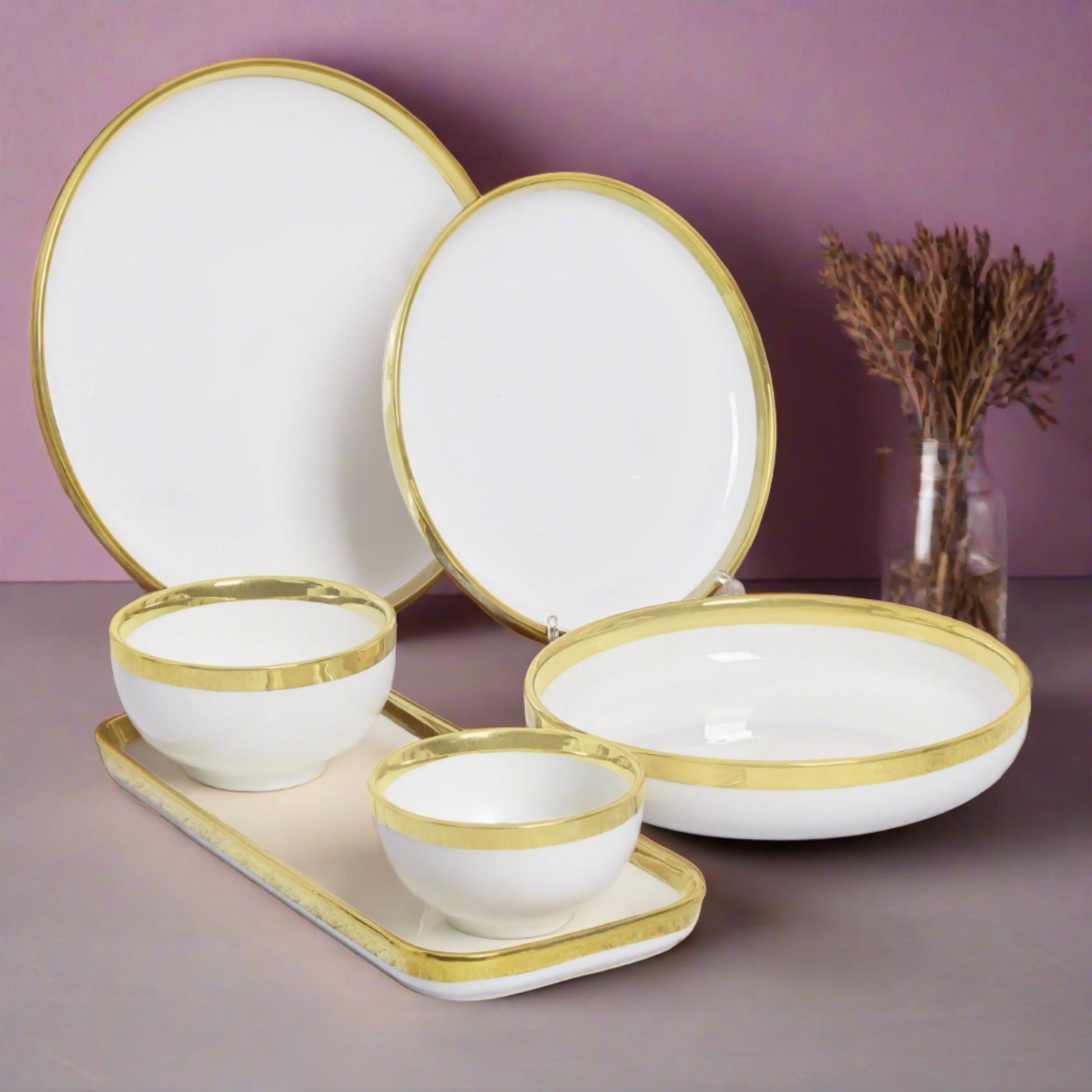 Complete 34-piece ceramic dinnerware set in elegant white finish - ideal for stylish dining occasions