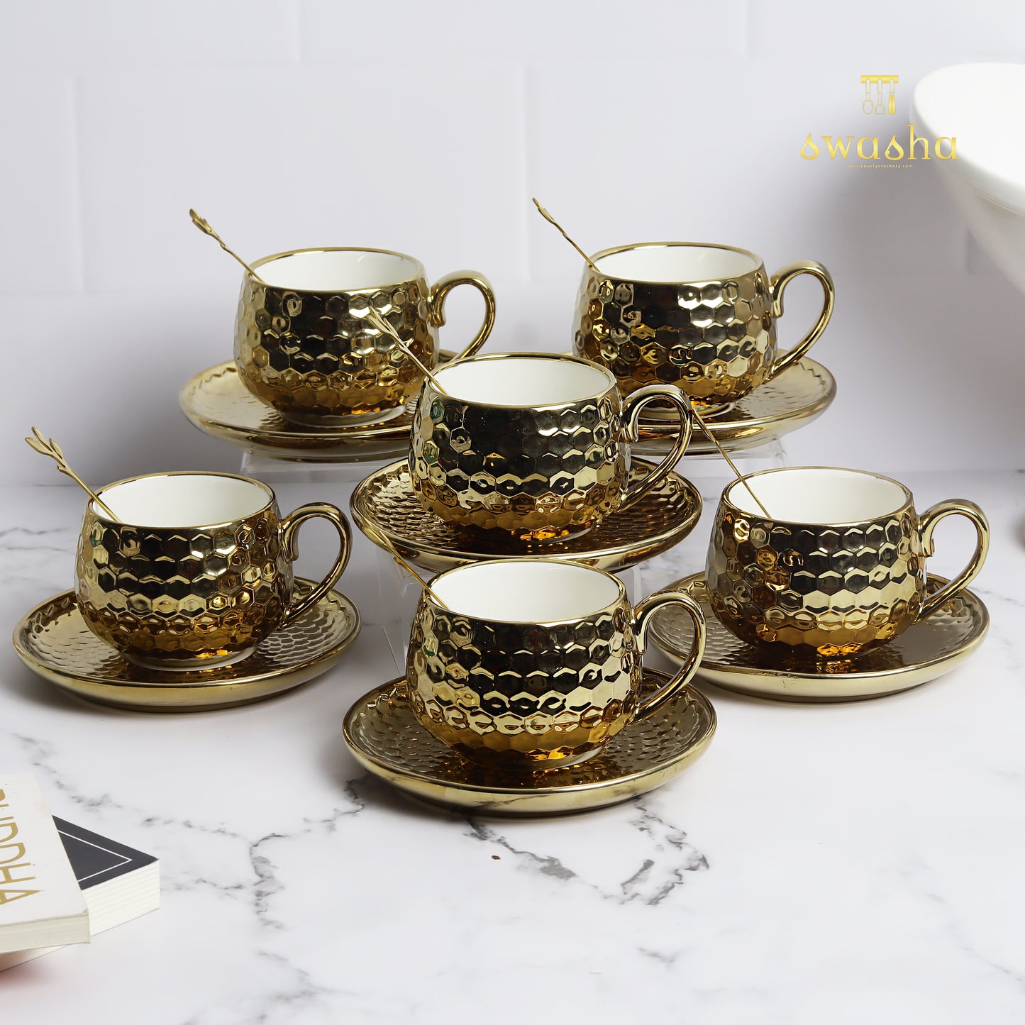 Set of 6 elegant cup and saucer pairs - perfect for refined tea or coffee moments