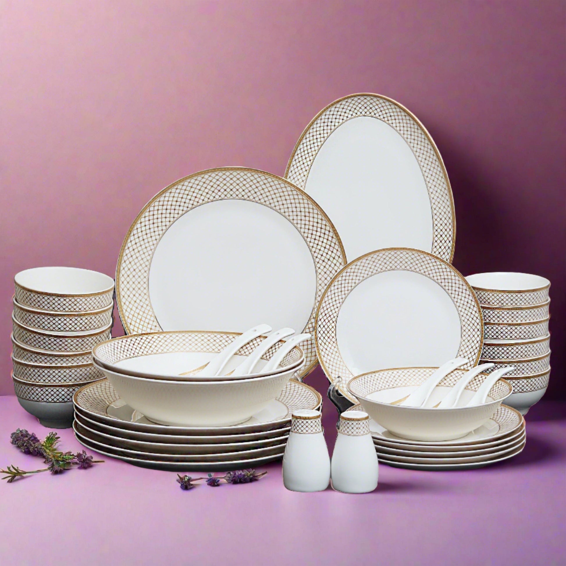 Elegant 36-piece fine bone china dinner set with floral motifs - perfect for luxurious dining experiences.