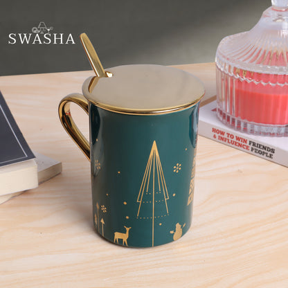 Ceramic Tall Coffee Mug With Lid And Spoon