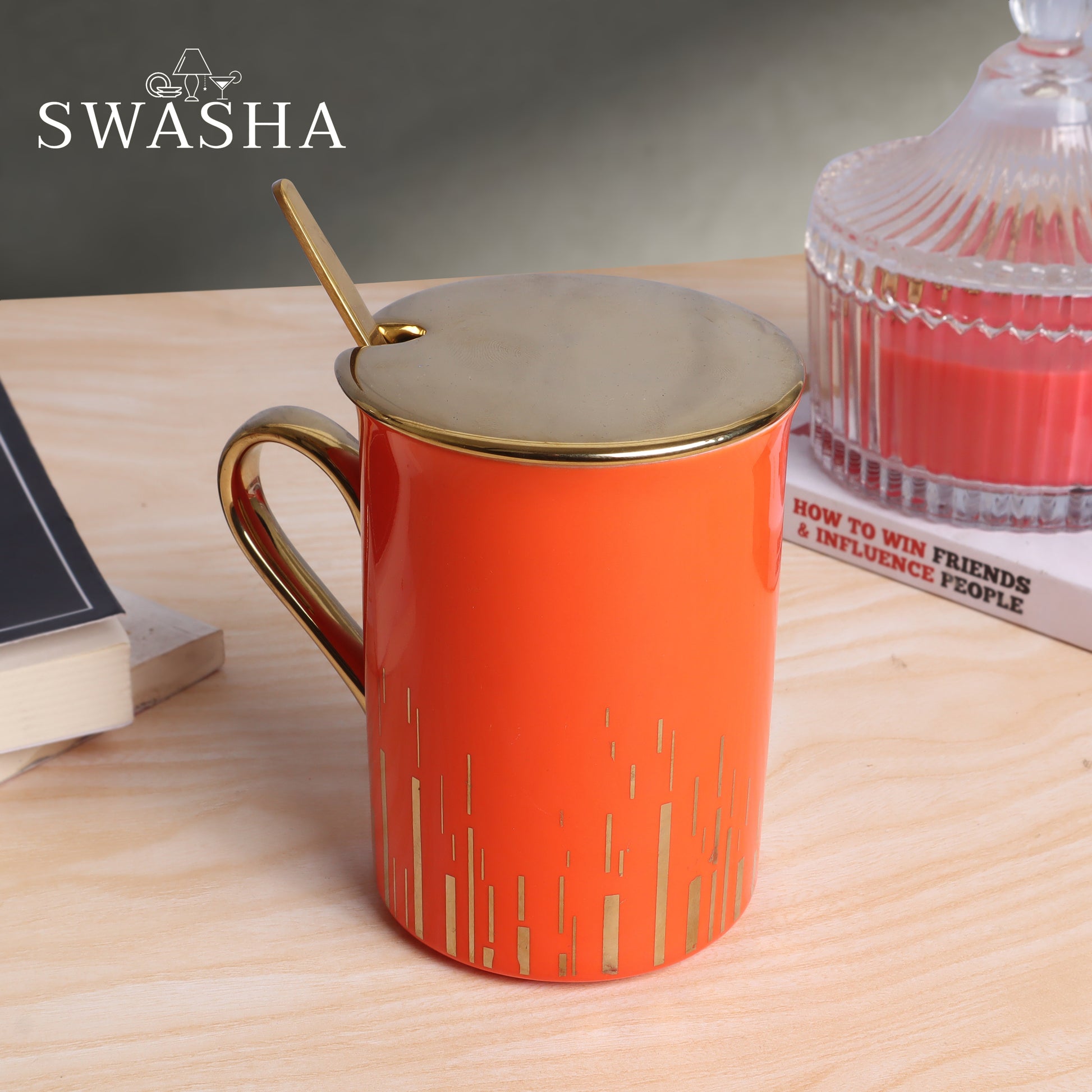 Ceramic Tall Coffee Mug With Lid And Spoon